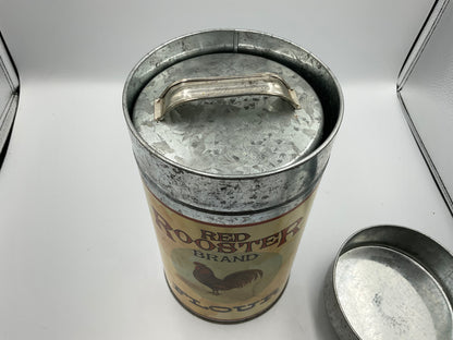 RED ROOSTER Vintage Tin Canister Nesting 4 Cans, Flour Sugar Coffee Tea