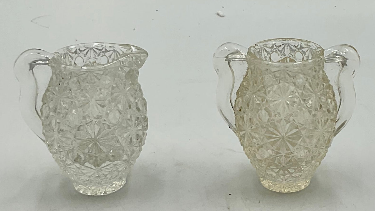 Vintage L.E. Smith Clear Pressed Glass Button and Daisy Pattern Miniature Decorative Two Handled Urn and Matching Pitcher