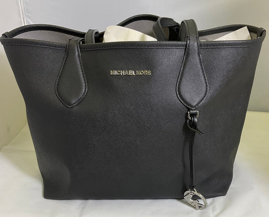 Michael Kors Black Leather Tote Handbag Shoulder Bag Purse Silvertone Accent Hardware