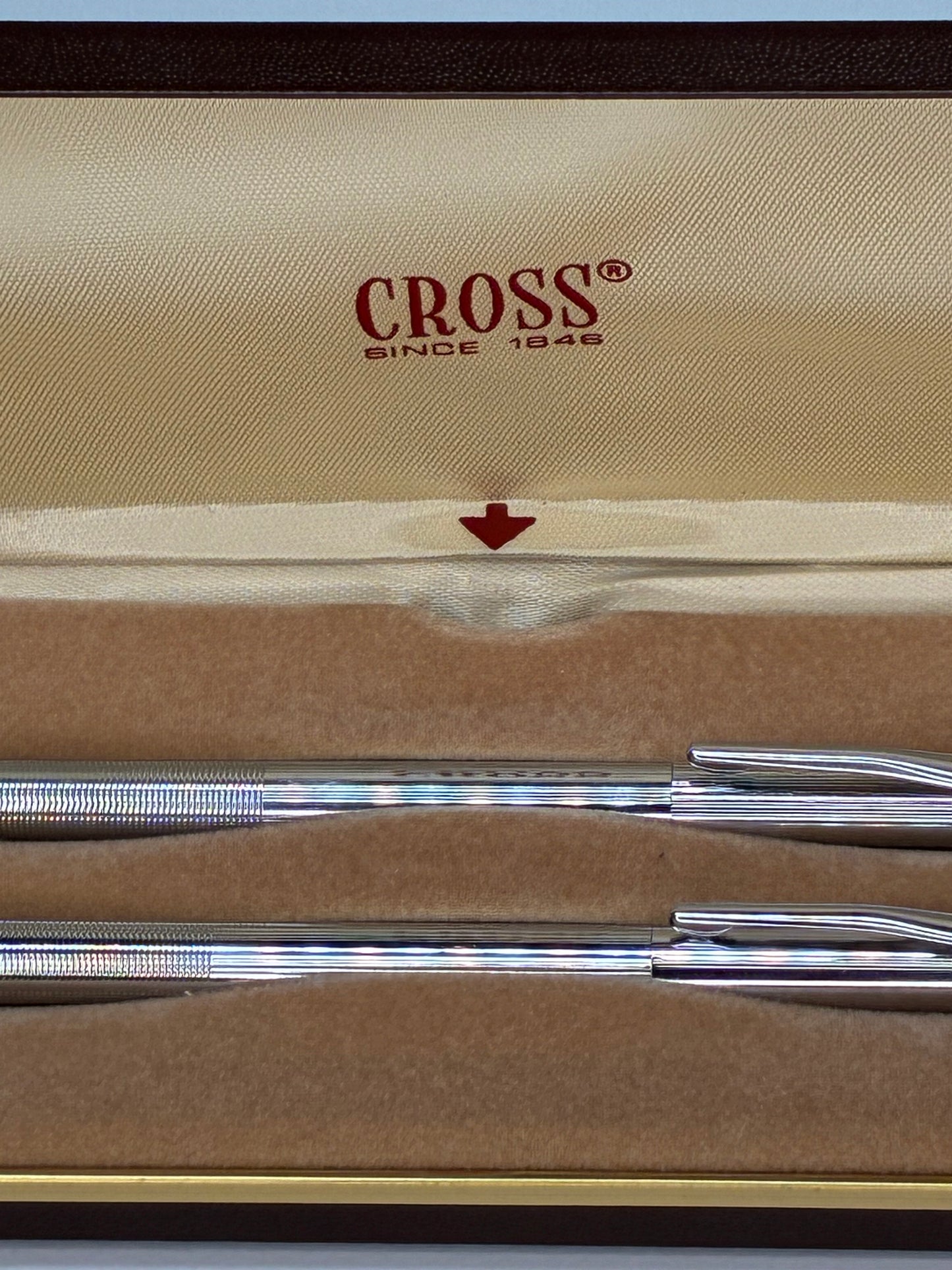 Cross Two-Piece Silvertone Ballpoint Pen Set Blue and Black Ink in Brown Leather Case with Goldtone Trim Lettering