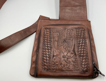 Leaders in Leather Brown Hand Tooled Leather Western Crossbody Messenger Bag