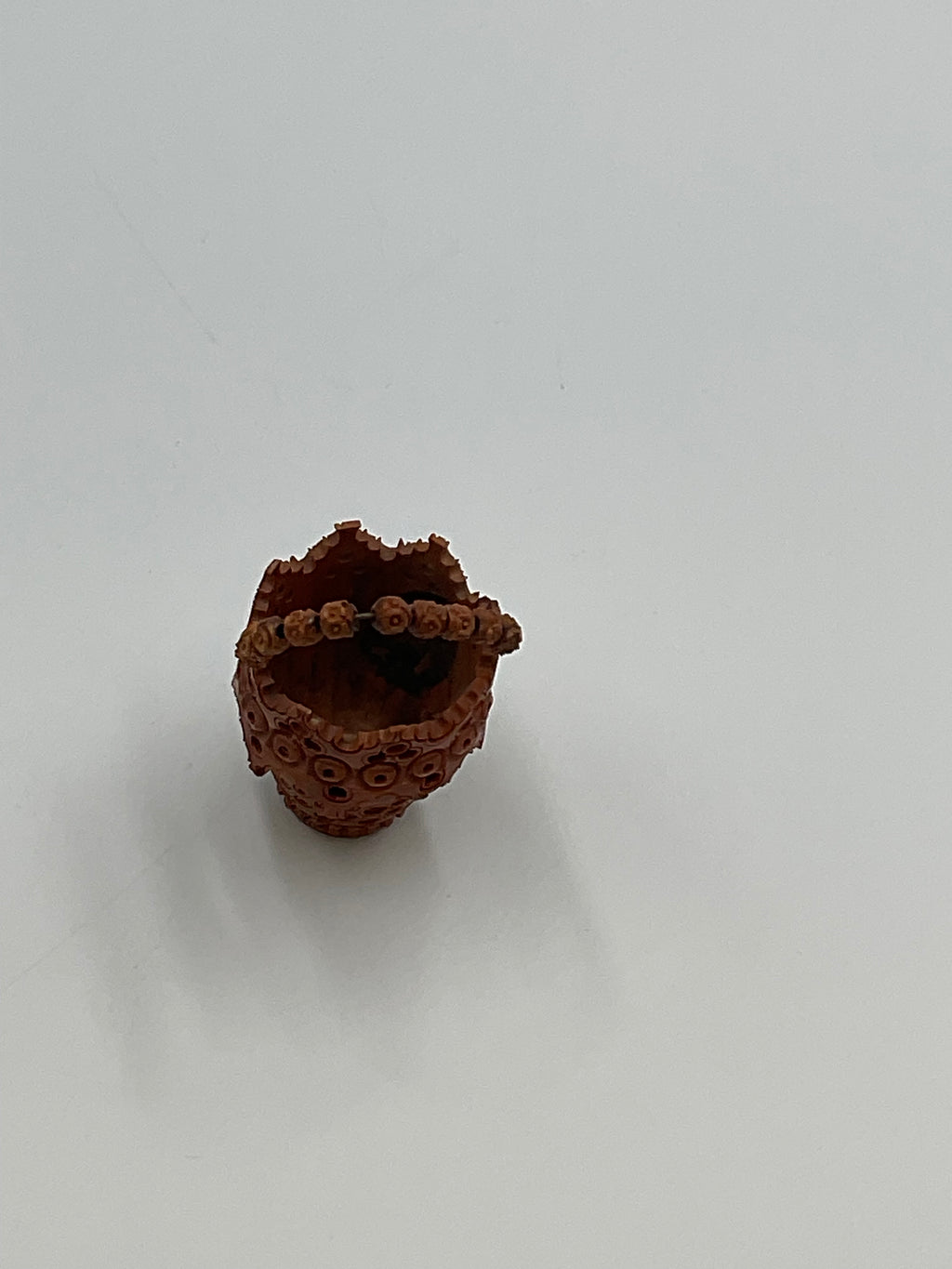 Miniature Coquilla Nut Basket Scalloped Beaded Handle
