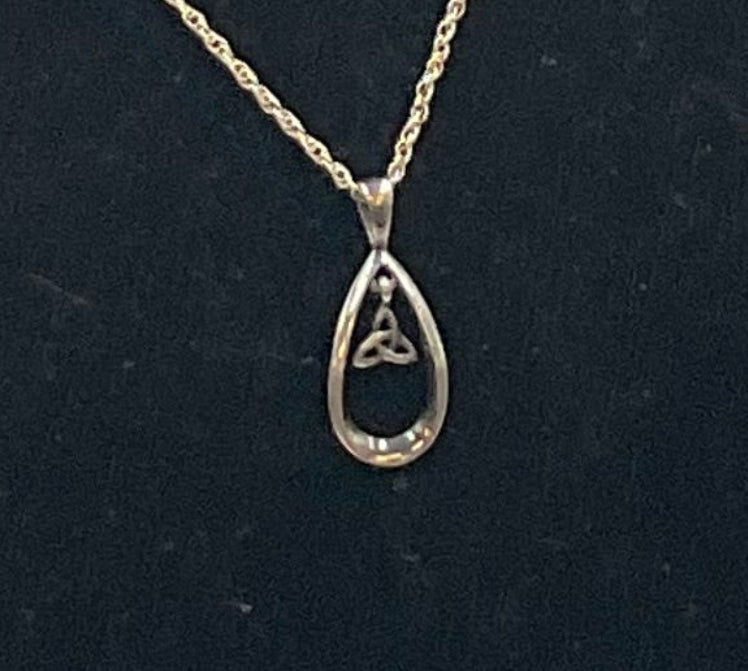 silver Celtic Triquetra open teardrop pendant necklace