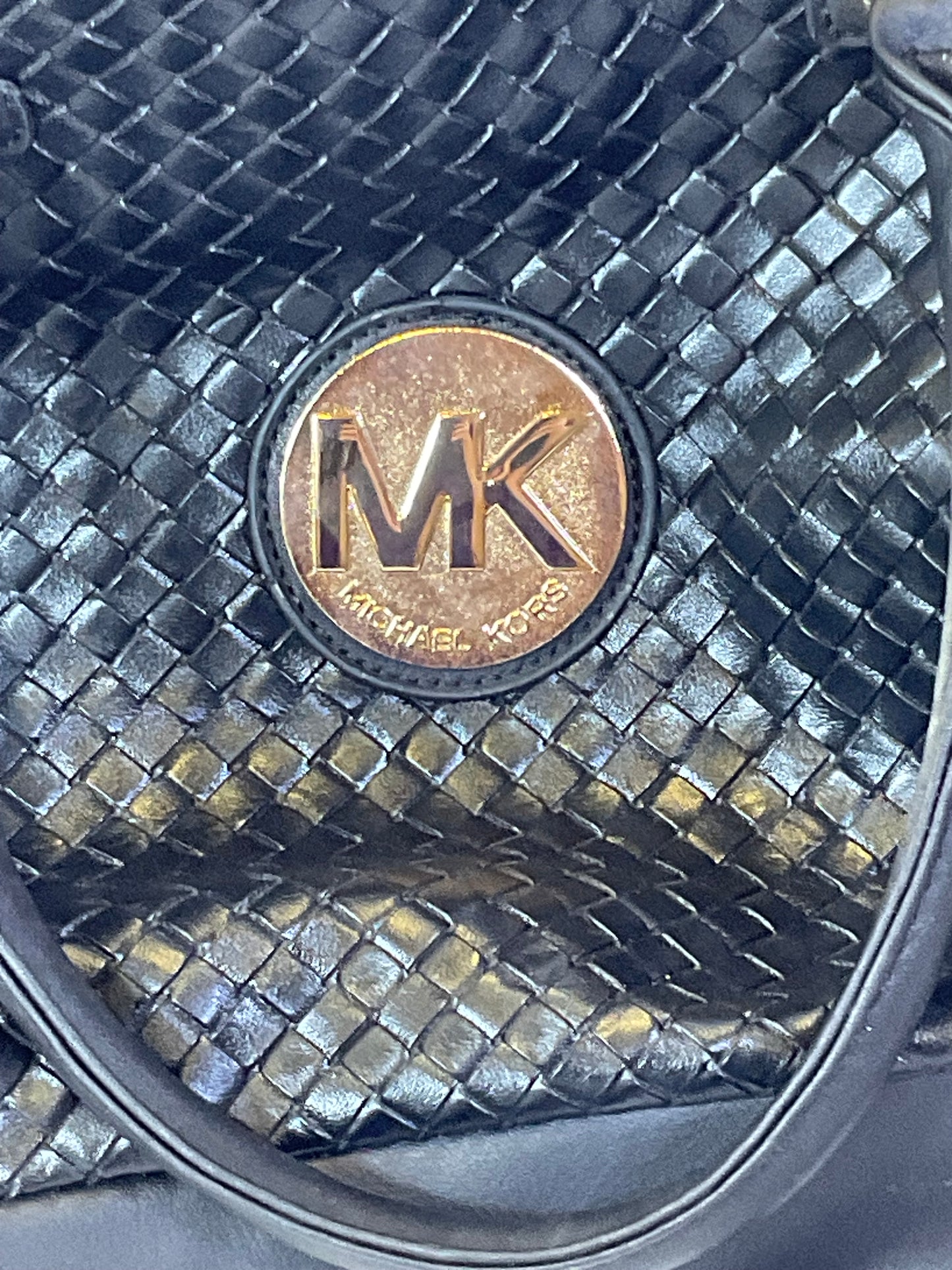 Michael Kors Large Black Leather Cross Weave Satchel Tote Handbag