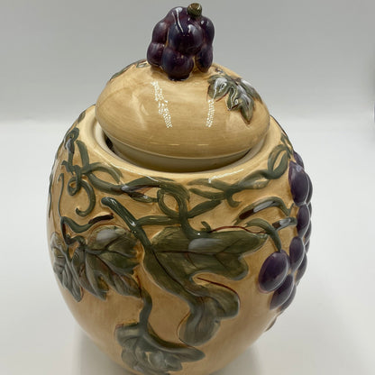 Meritage Ceramic Grape Vine Covered Canister Jar Raised Fruit Design