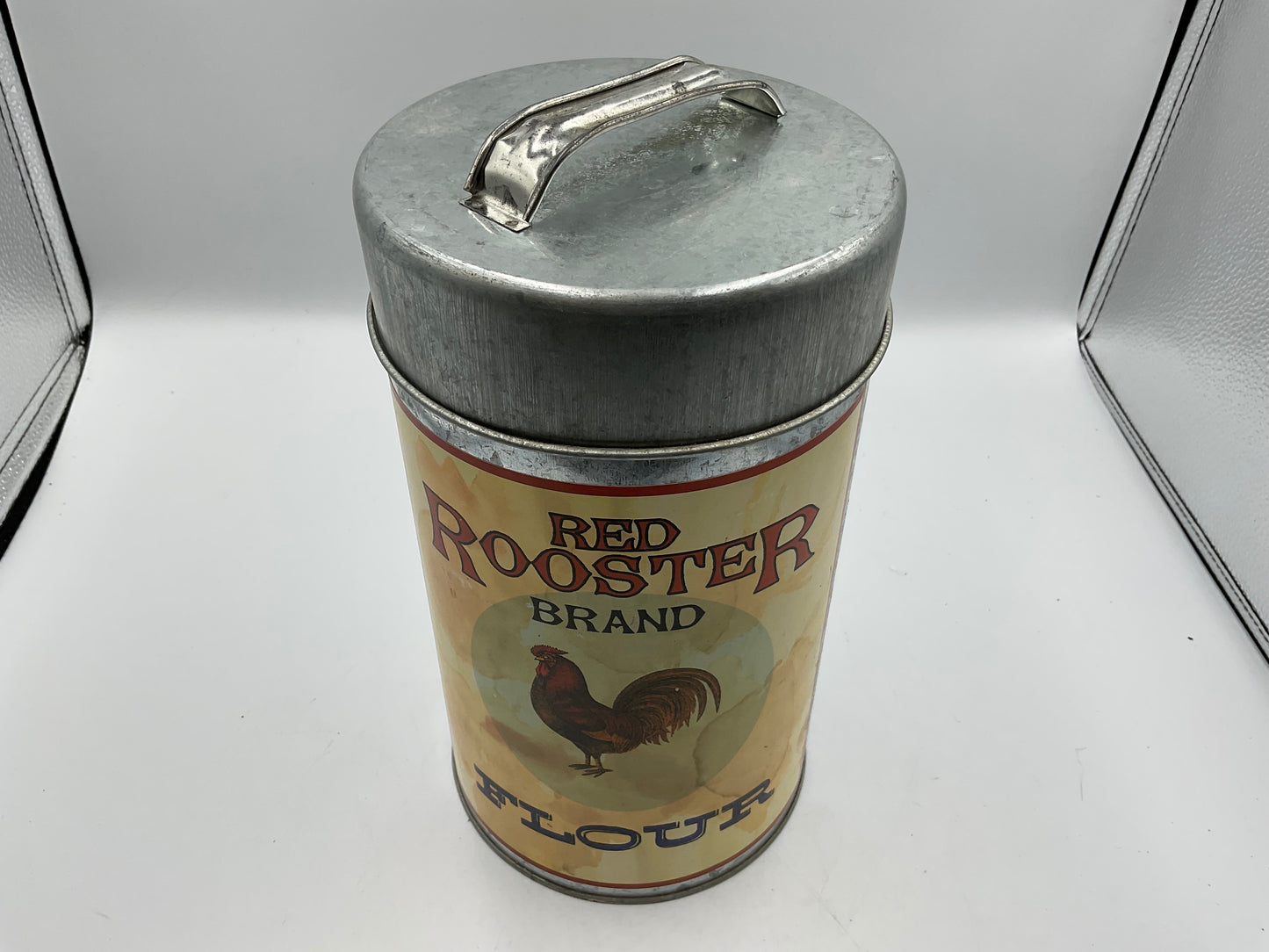 RED ROOSTER Vintage Tin Canister Nesting 4 Cans, Flour Sugar Coffee Tea