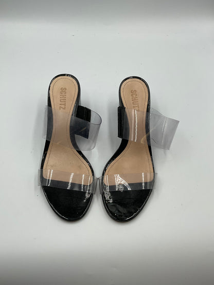 Schutz Victorie Clear Vinyl Double Strap Block Heel Slide Sandals Black Size 8.5 B
