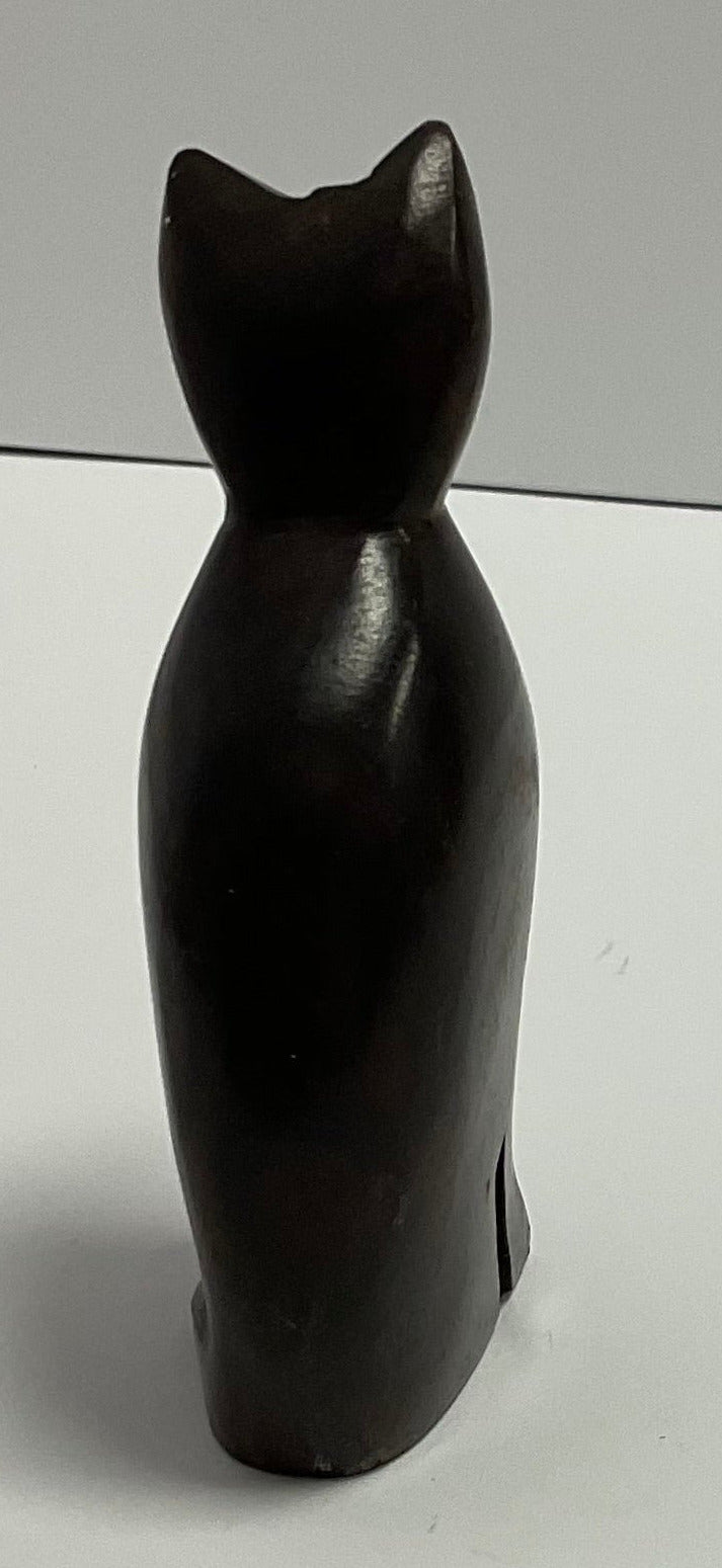 Wooden Cat Figurine Dark Wood Sitting Cat Sculpture