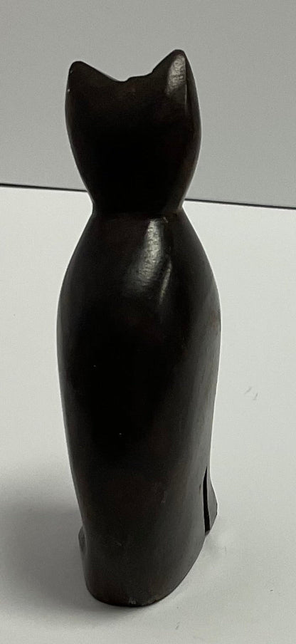 Wooden Cat Figurine Dark Wood Sitting Cat Sculpture