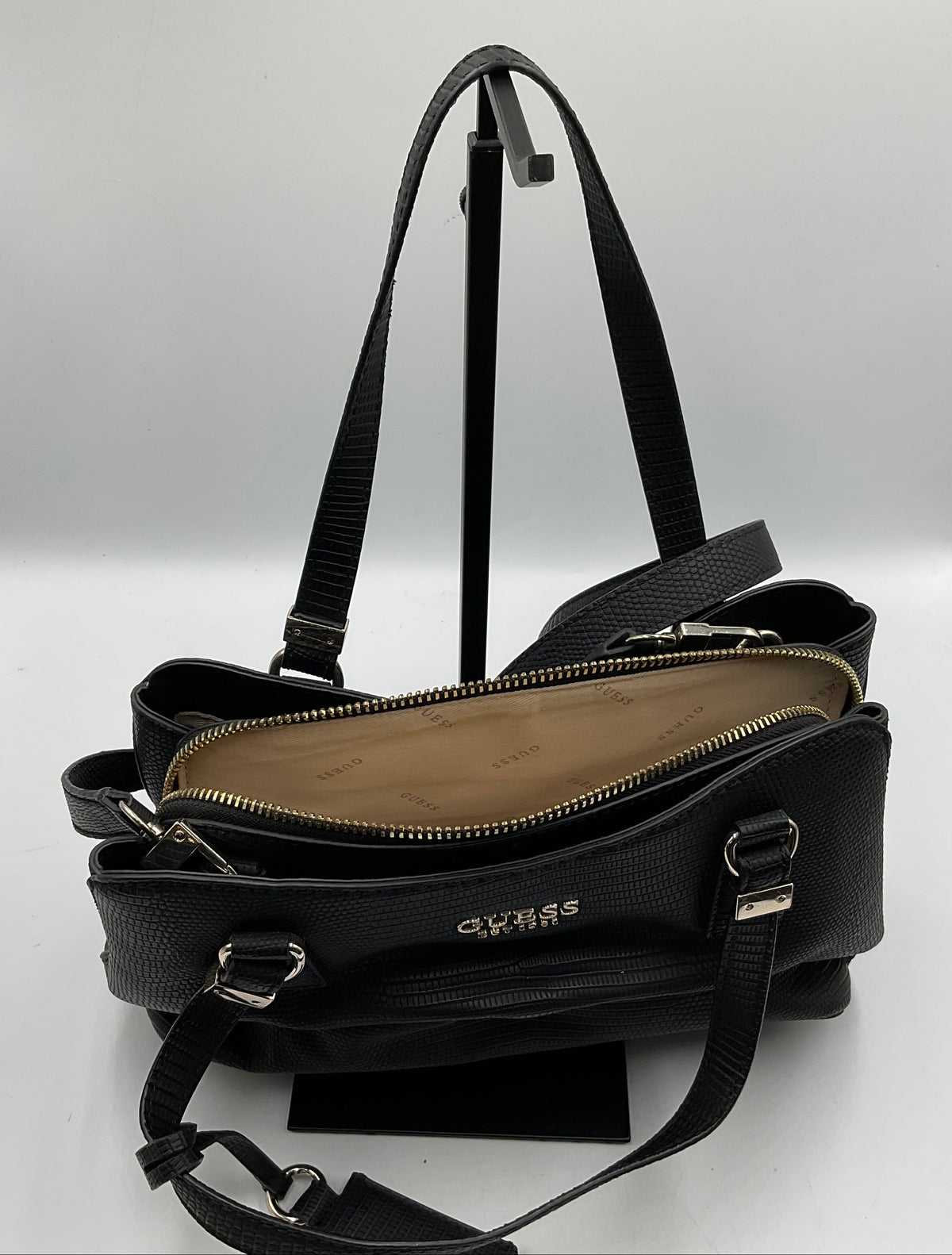 GUESS Lyndi Small Girlfriend Satchel Triple Compartment Lizard Embossed