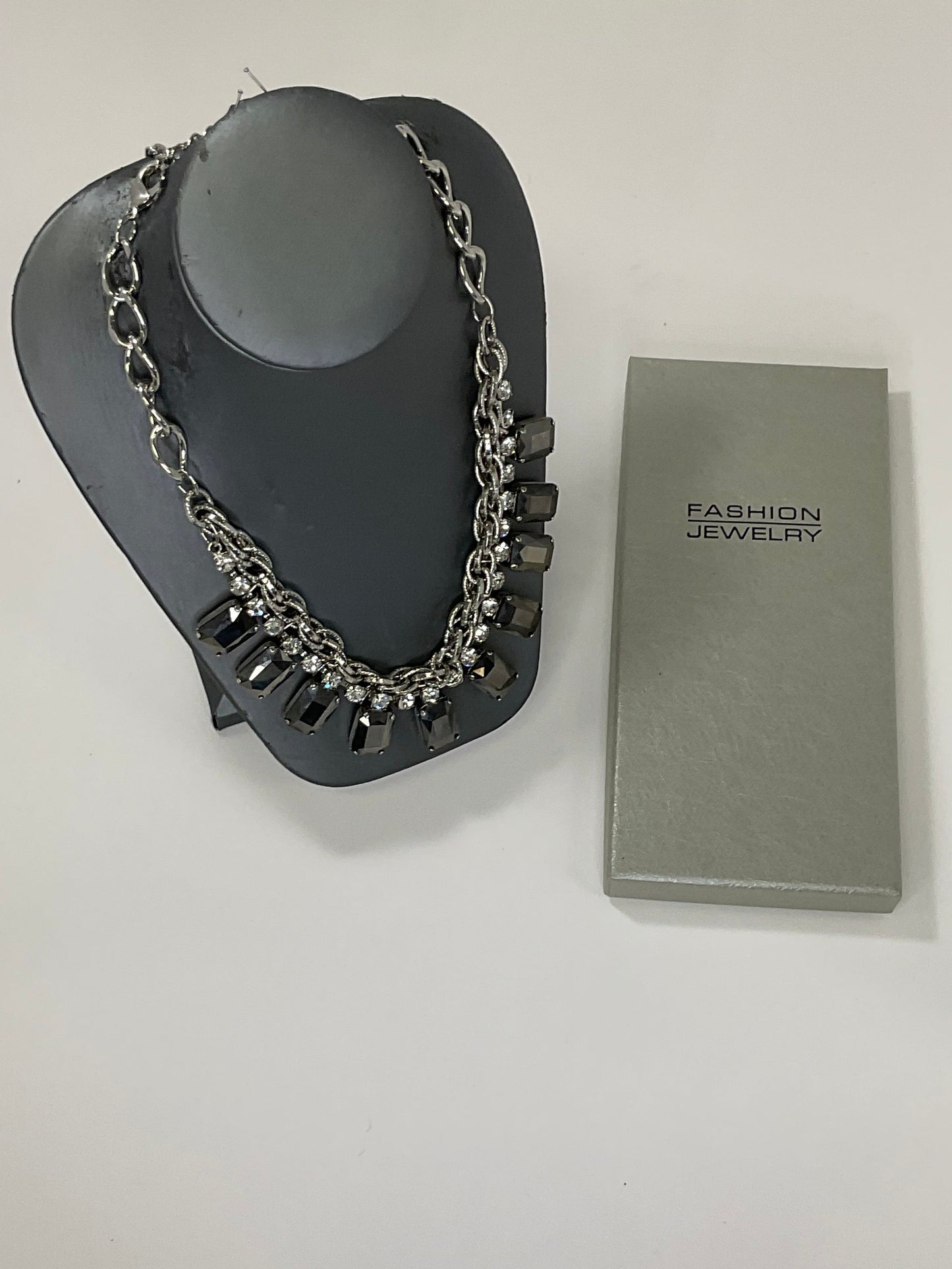 Silver Necklace with Emerald Cut Black Gems and Small White Gems Diamond Cut Pearl+Club crystal 12-blue