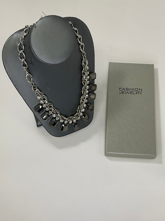 Silver Necklace with Emerald Cut Black Gems and Small White Gems Diamond Cut Pearl+Club crystal 12-blue