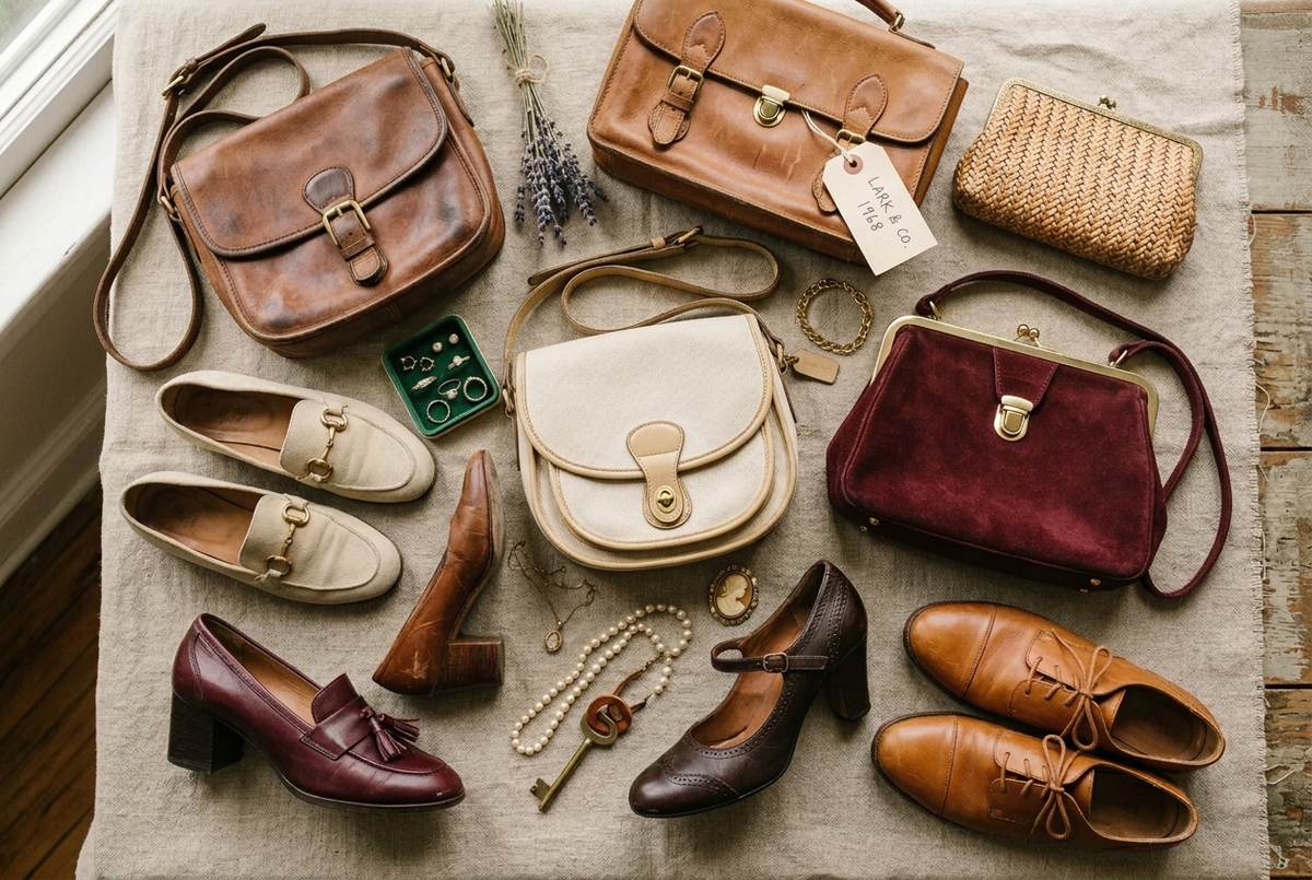 Vintage handbags and shoes with added jewelry