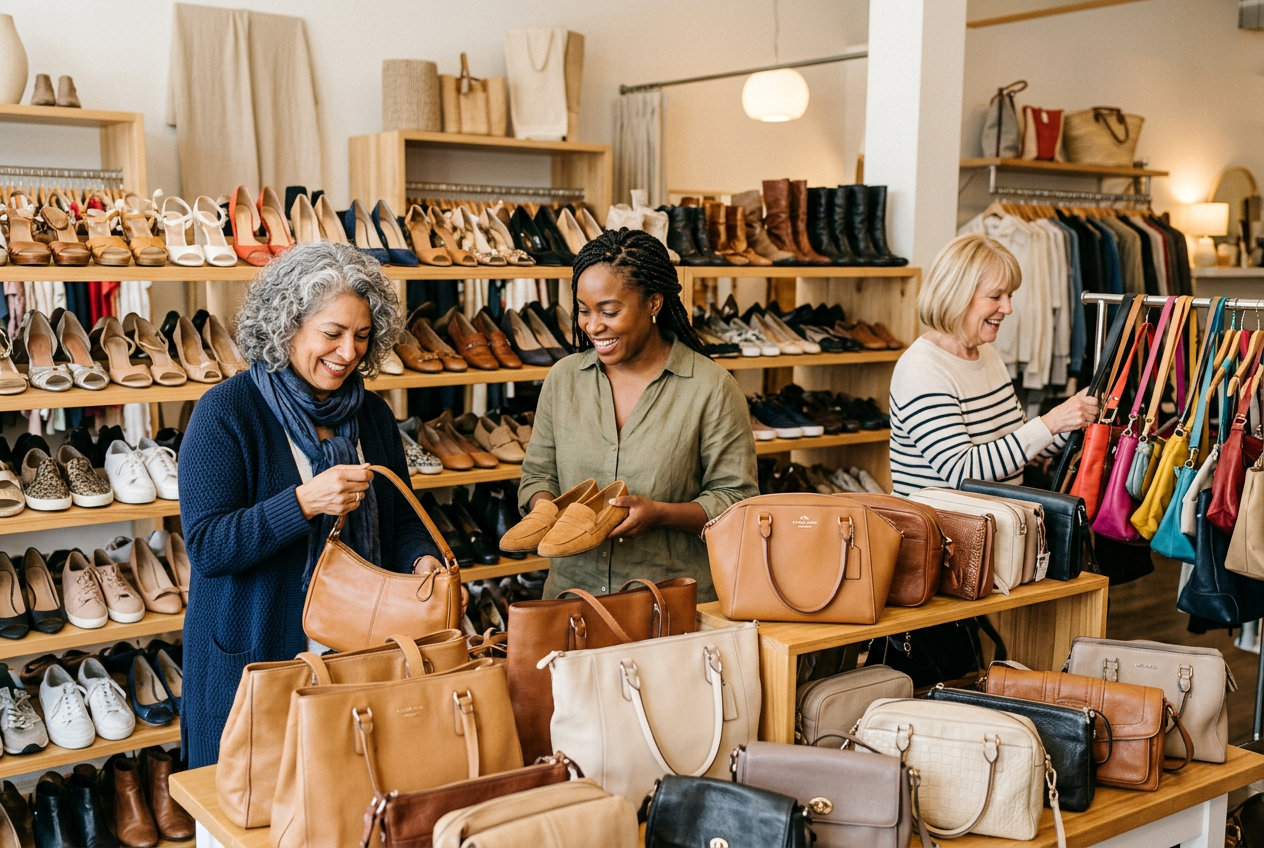 Women shopping in a bright thrift boutique with plentiful shoes and handbags on display